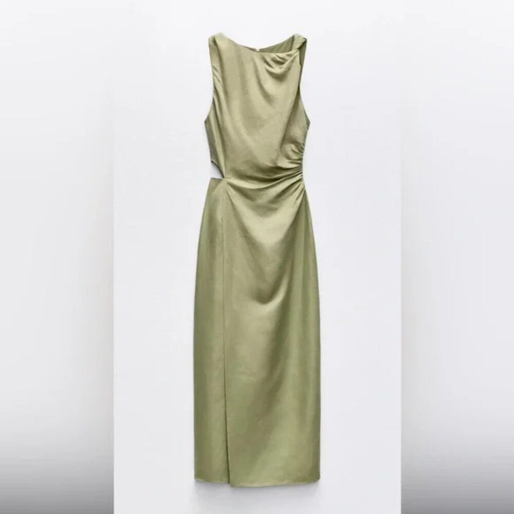 Zara Olive Green Midi Dress with Draped Waist